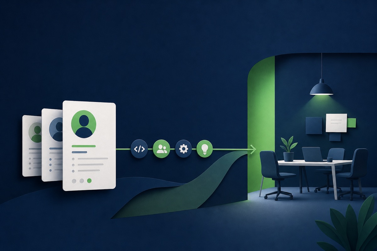 Focused technical hiring conversation in a modern team setting
